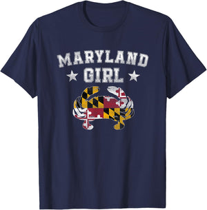 Maryland Girl Flag Blue Crab T Shirt - State Pride Retro T-Shirt - T-Shirt | Navy