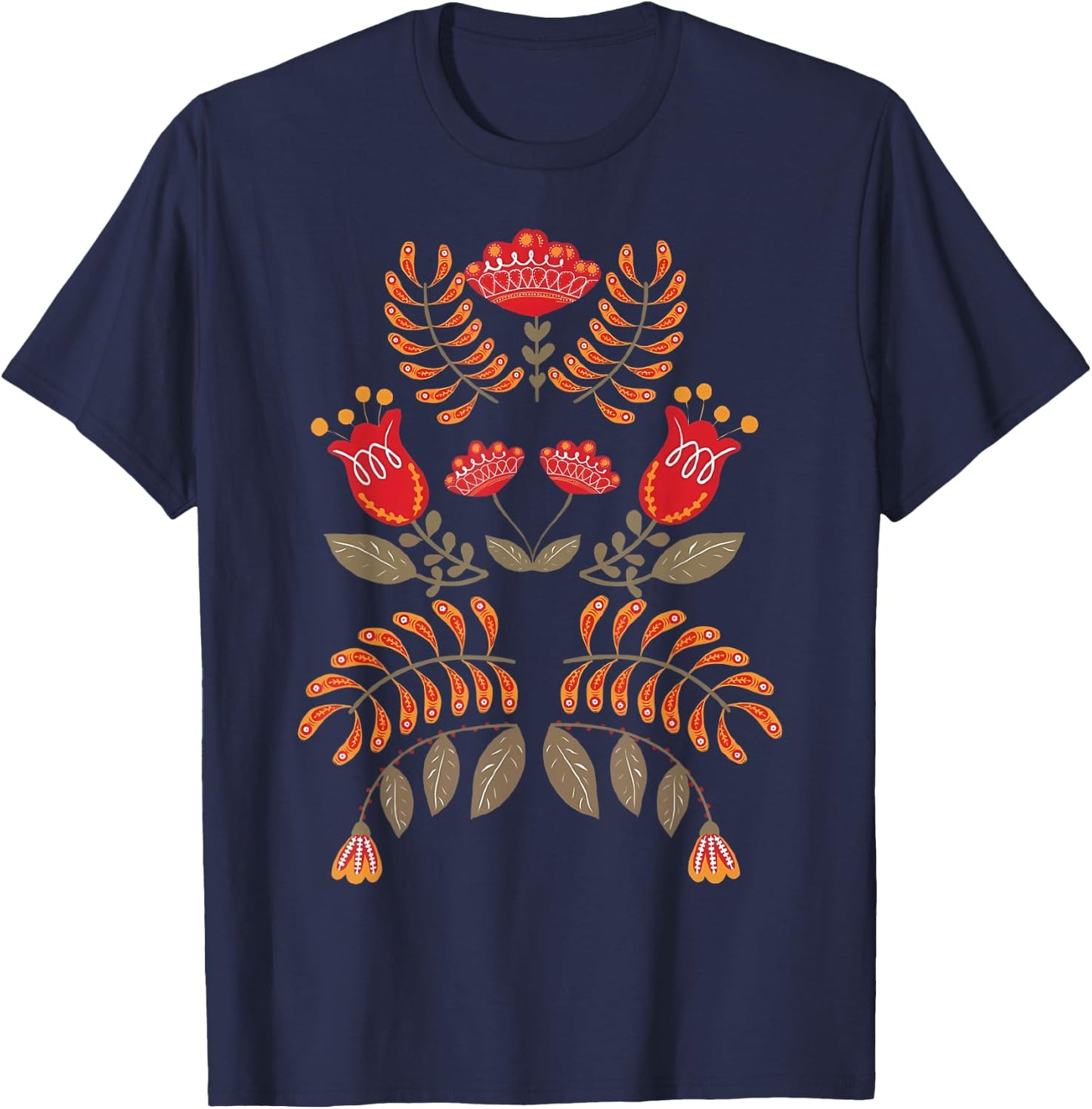 Vintage Flower Scandinavian Folk Art Botanical Mystical T-Shirt - T-Shirt | Navy
