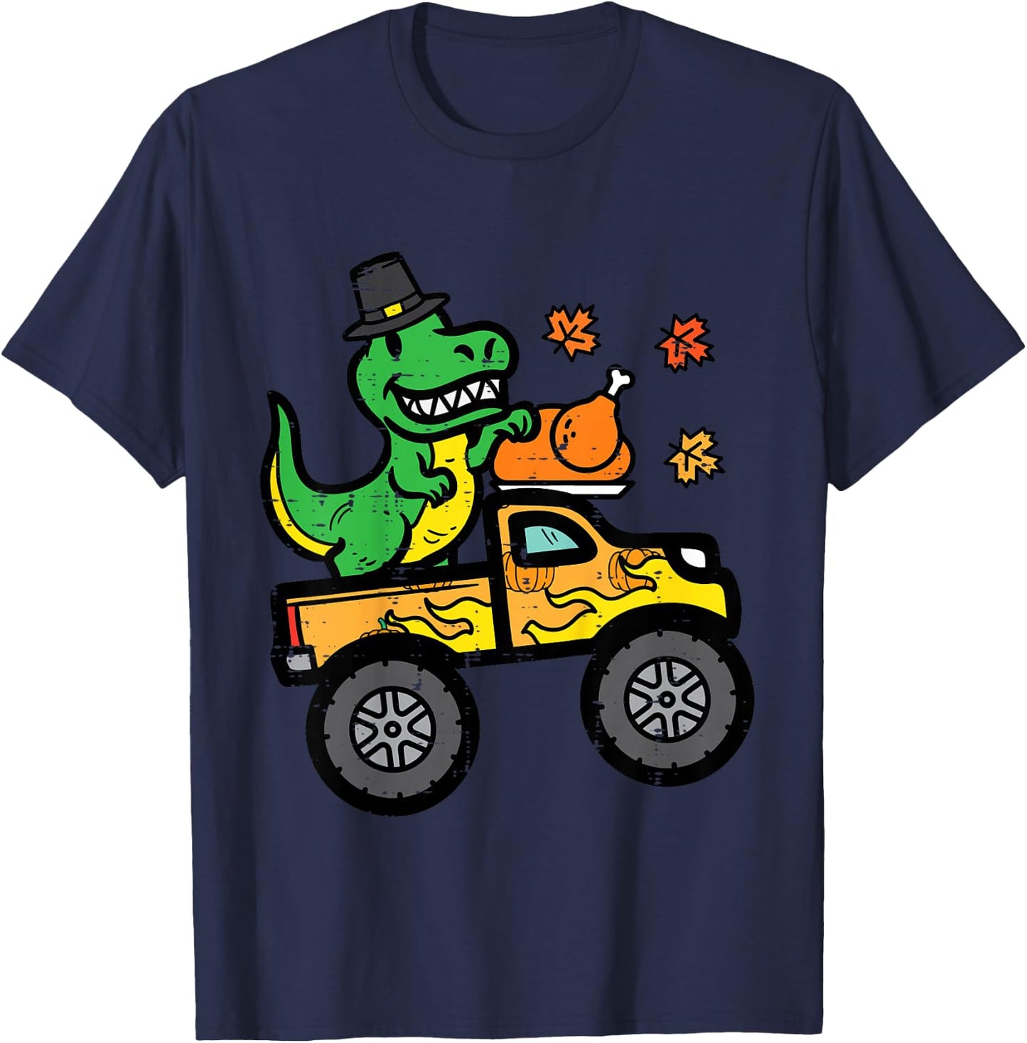 Kids Thanksgiving Dino Monster Truck Fall Trex Toddler Boys Kids T-Shirt - T-Shirt | Navy