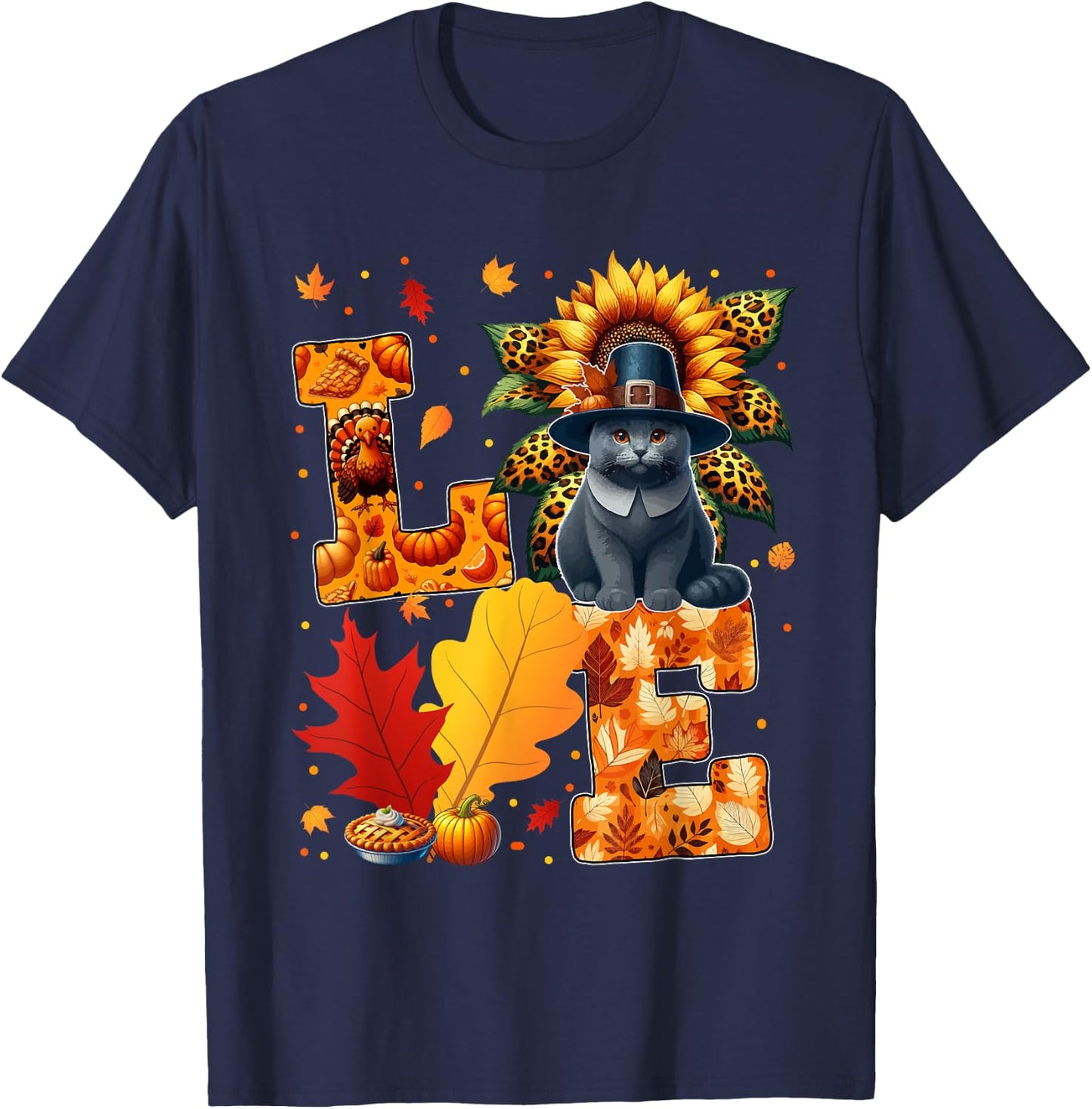 LOVE Thanksgiving Russian Blue Cat Costume Fall Leaves Women Kids T-Shirt - T-Shirt | Navy