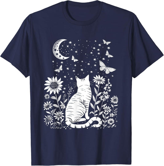 Cute Cat, Full Moon Cat, Cottagecore Aesthetic T-Shirt - T-Shirt | Navy