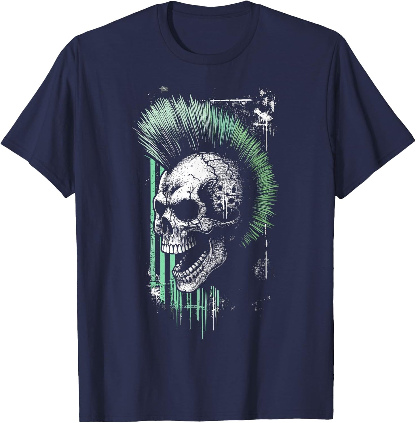 Vintage Graffiti Skull with Green Mohawk T-Shirt - T-Shirt | Navy