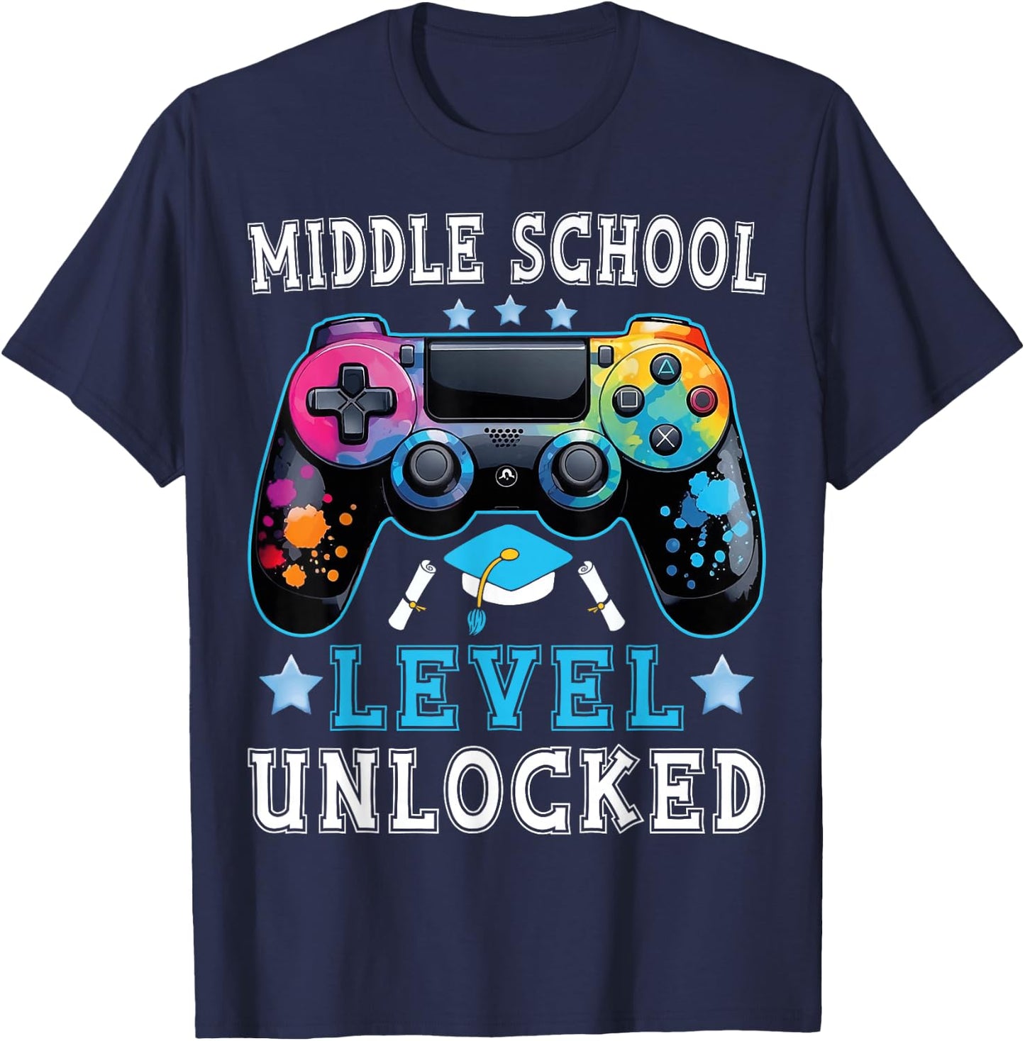 Middle School Level Unlocked Gamer First Day Back To School T-Shirt - T-Shirt | Navy