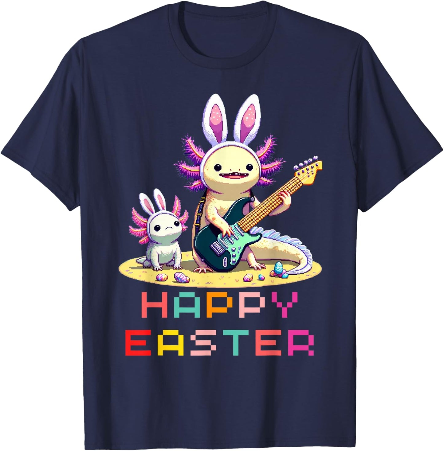 Axolotl Happy Easter EggsRetro Vintage Pixel Art Rock Guitar T-Shirt - T-Shirt | Navy