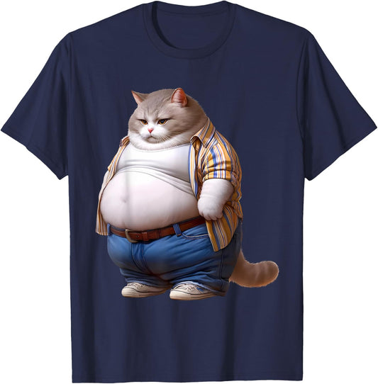 Funny Fat Cat Graphic Fat Kitten Design Chubby Cat Lover Men Women Kids T-Shirt - T-Shirt | Navy