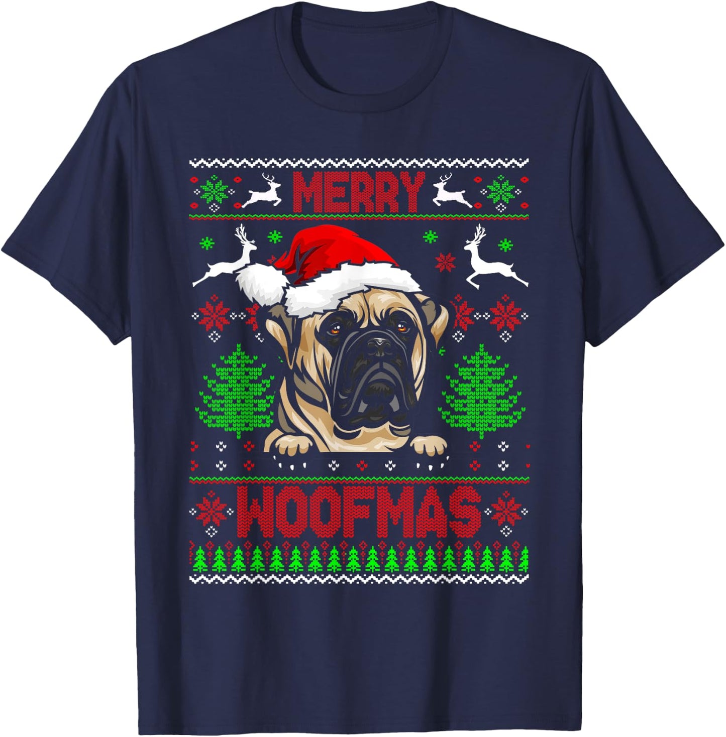 Merry Woofmas Christmas Santa Bull Mastiff Lover Sweater T-Shirt - T-Shirt | Navy