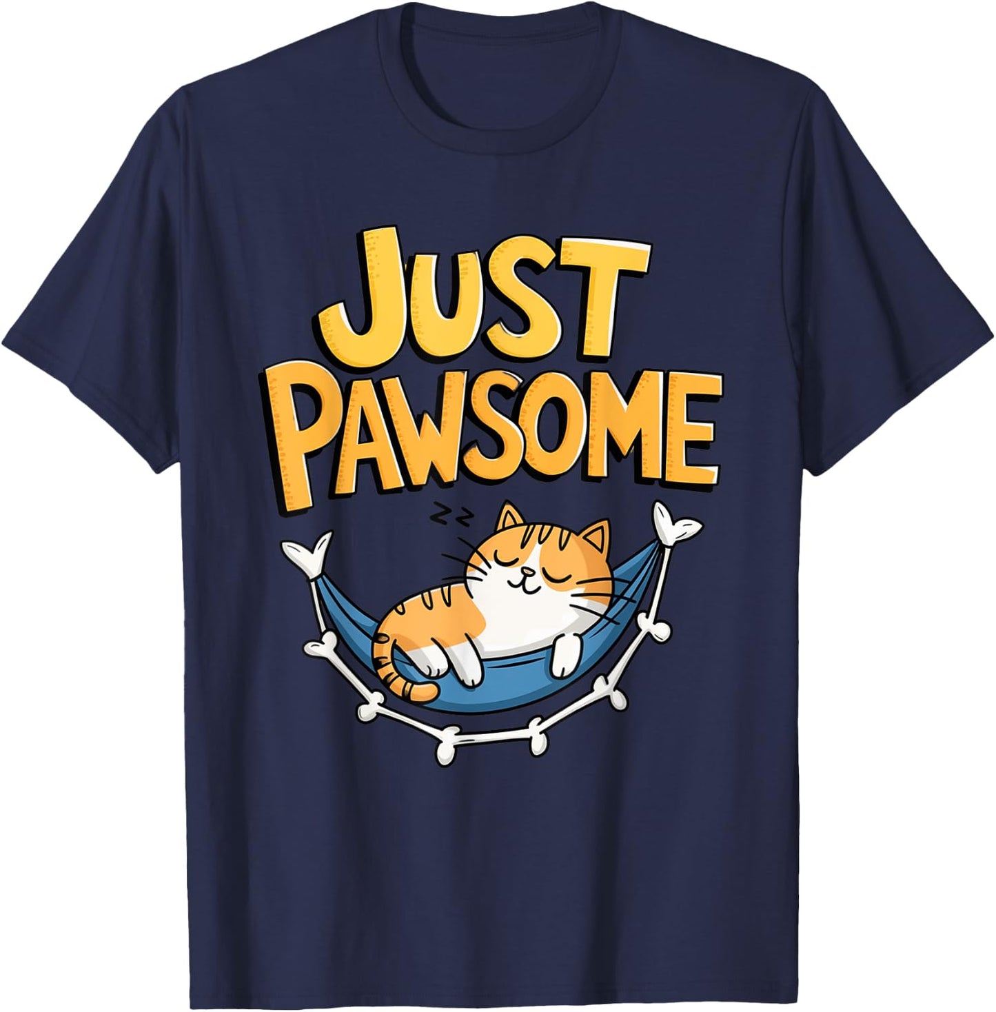 Cartoon Cat Lounging in Hammock Pawsome T-Shirt - T-Shirt | Navy