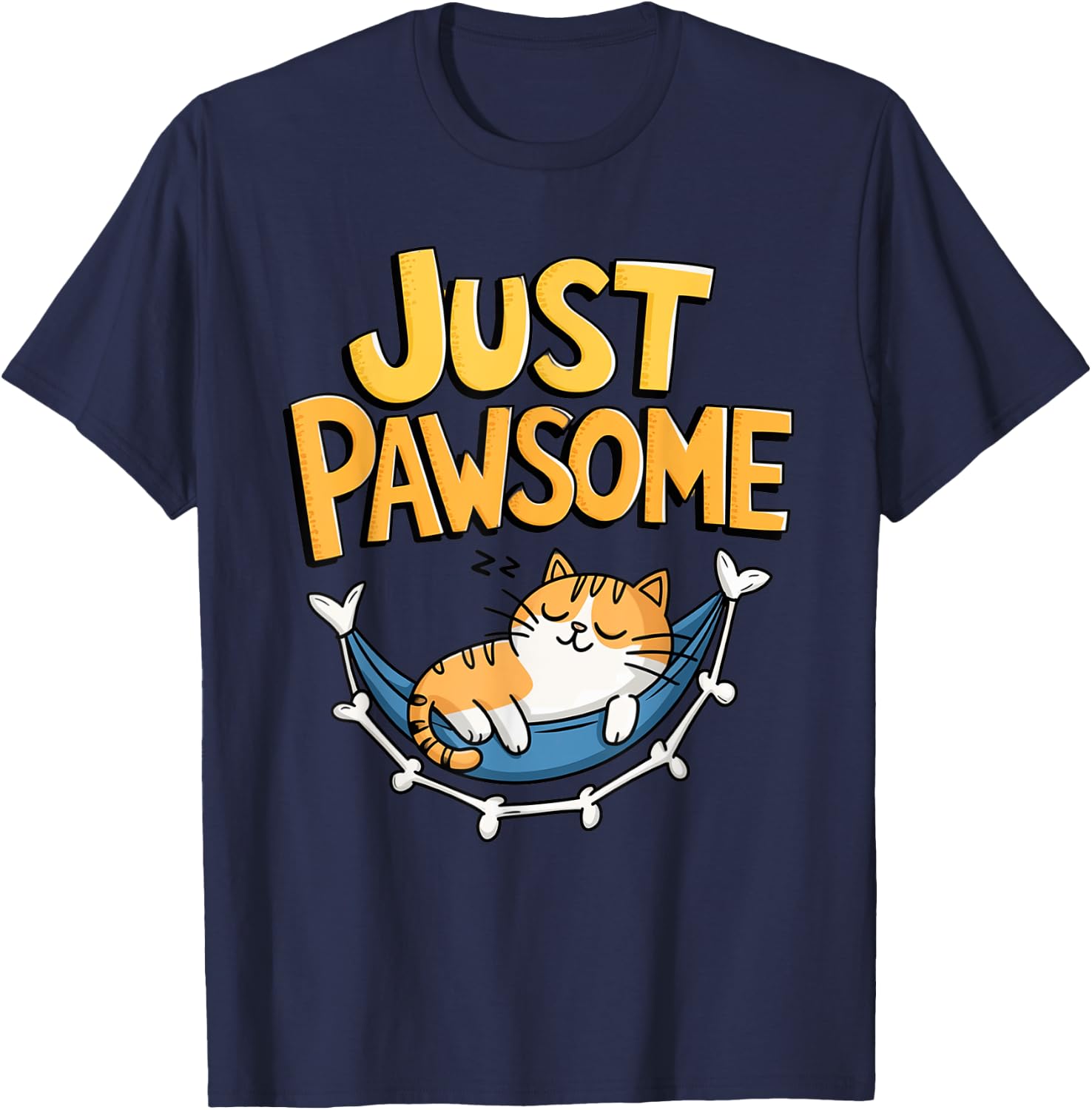 Cartoon Cat Lounging in Hammock Pawsome T-Shirt - T-Shirt | Navy