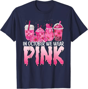Breast Cancer Awareness Coffee Latte Fall Autumn Season 2022 T-Shirt - T-Shirt | Navy