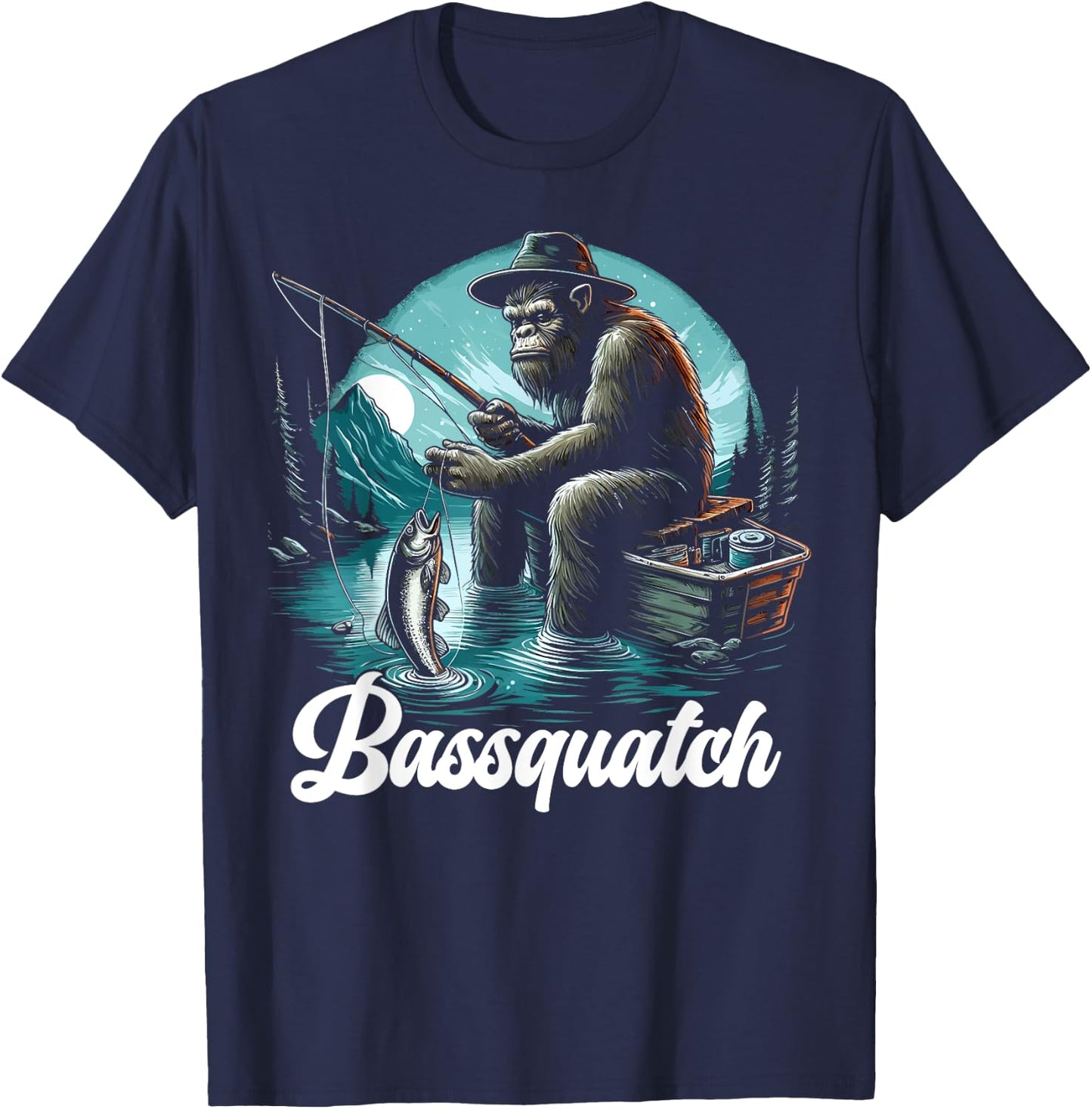 Bassquatch! Funny Bass Fishing Sasquatch Retro 80s Fisherman T-Shirt - T-Shirt | Navy