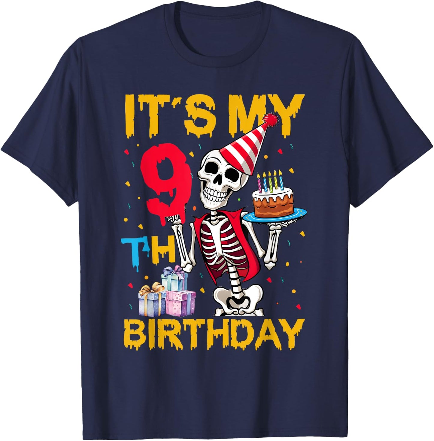 It's My 9th Birthday Party Halloween Skeleton Birthday T-Shirt - T-Shirt | Navy