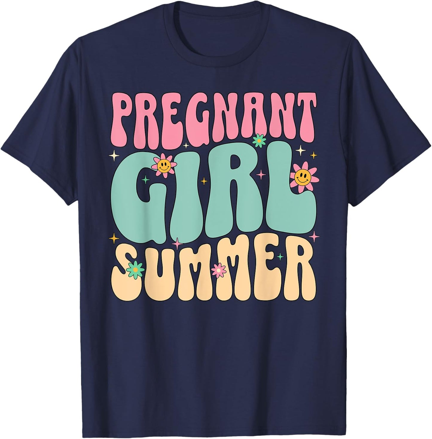 Groovy Pregnancy Reveal Pregnant Girl Summer Baby Shower T-Shirt - T-Shirt | Navy