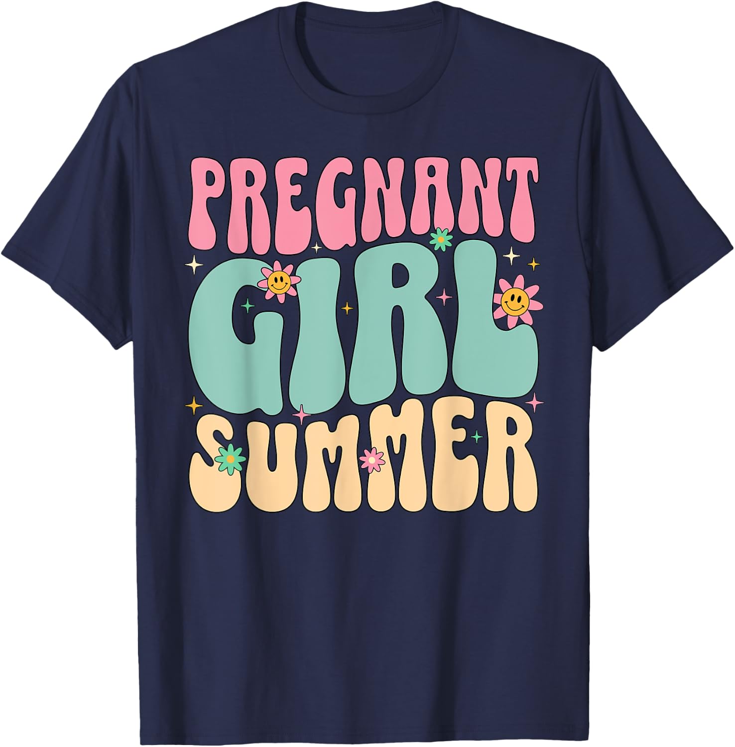 Groovy Pregnancy Reveal Pregnant Girl Summer Baby Shower T-Shirt - T-Shirt | Navy