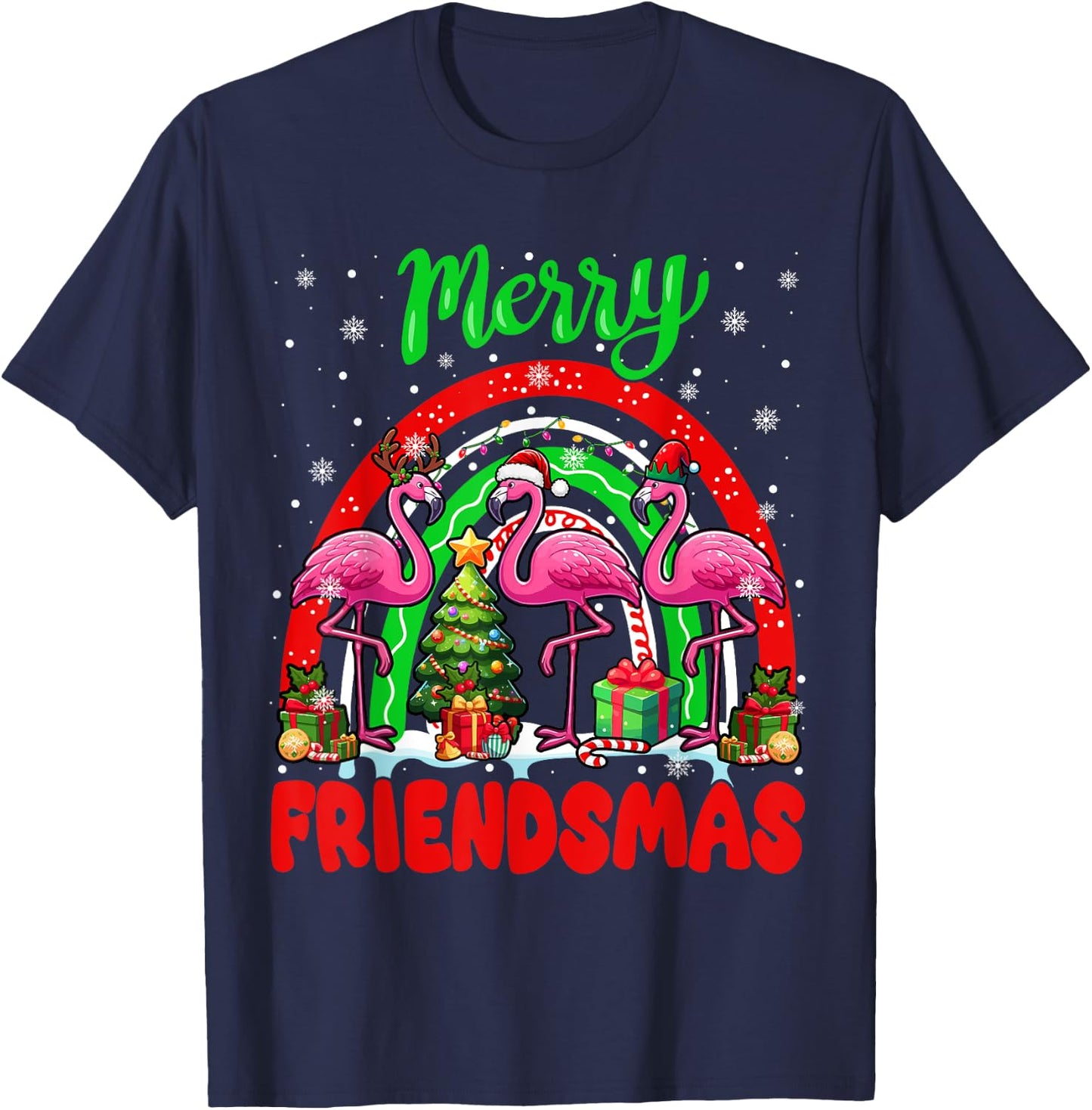 Merry Christmas Friends Three Santa Flamingos Rainbow T-Shirt - T-Shirt | Navy
