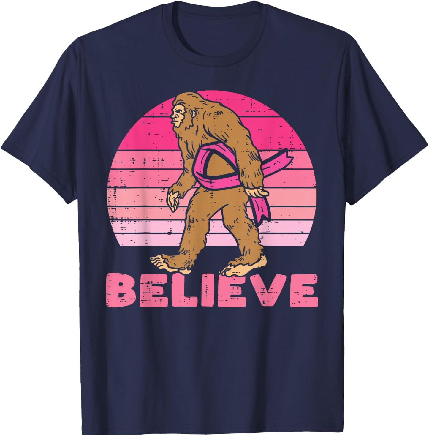 Bigfoot Sasquatch Ribbon Believe Breast Cancer Awareness T-Shirt - T-Shirt | Navy