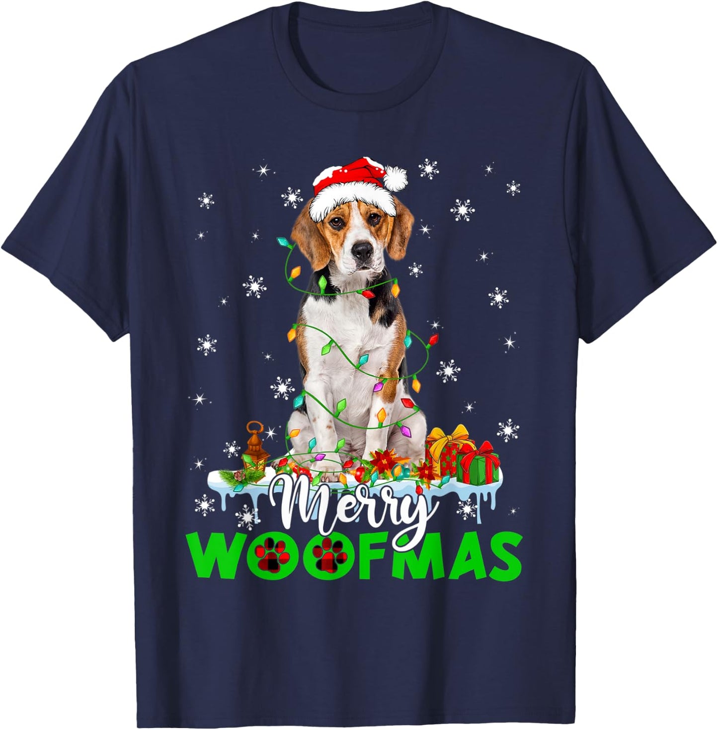 Beagle Dog Merry Woofmas Funny Xmas Lights Santa Hat T-Shirt - T-Shirt | Navy