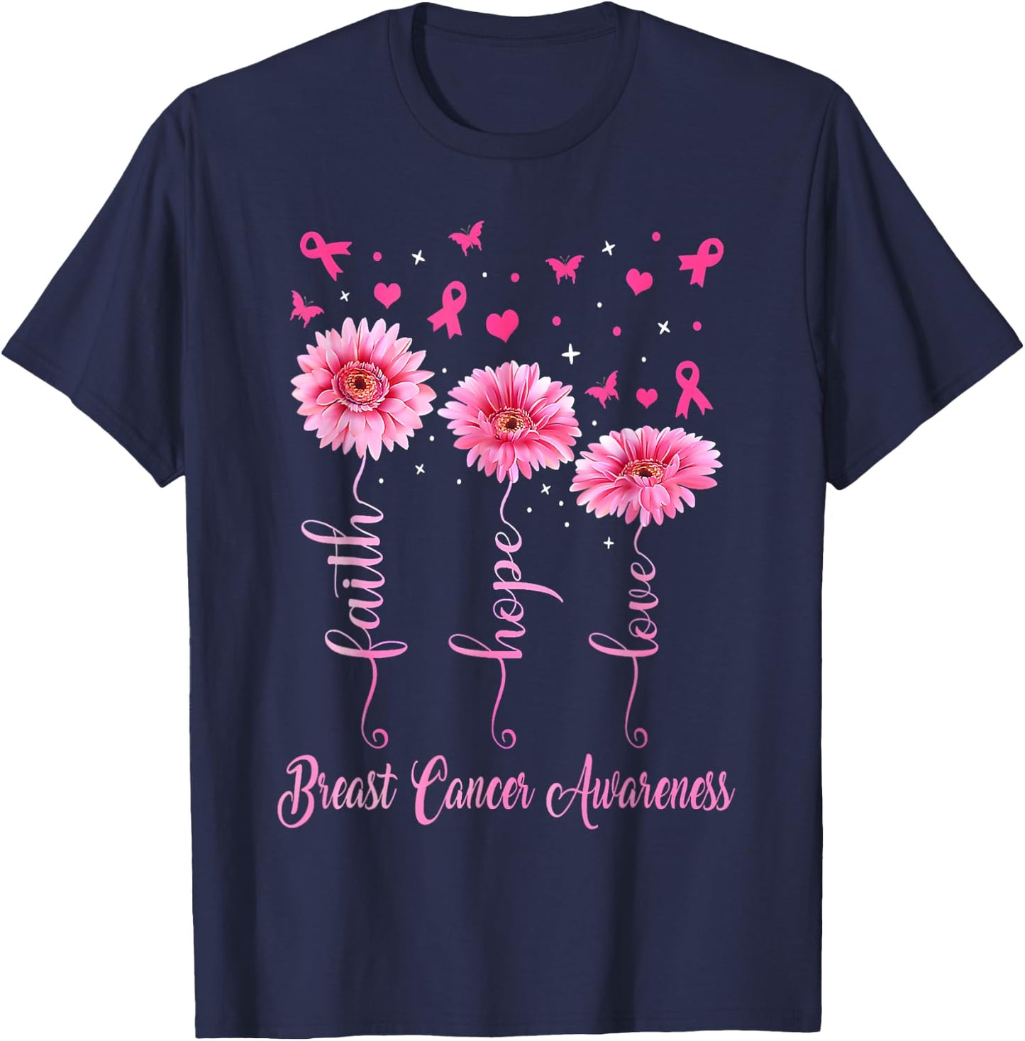 Faith Hope Love Pink Ribbon Daisy Breast Cancer Awareness T-Shirt - T-Shirt | Navy