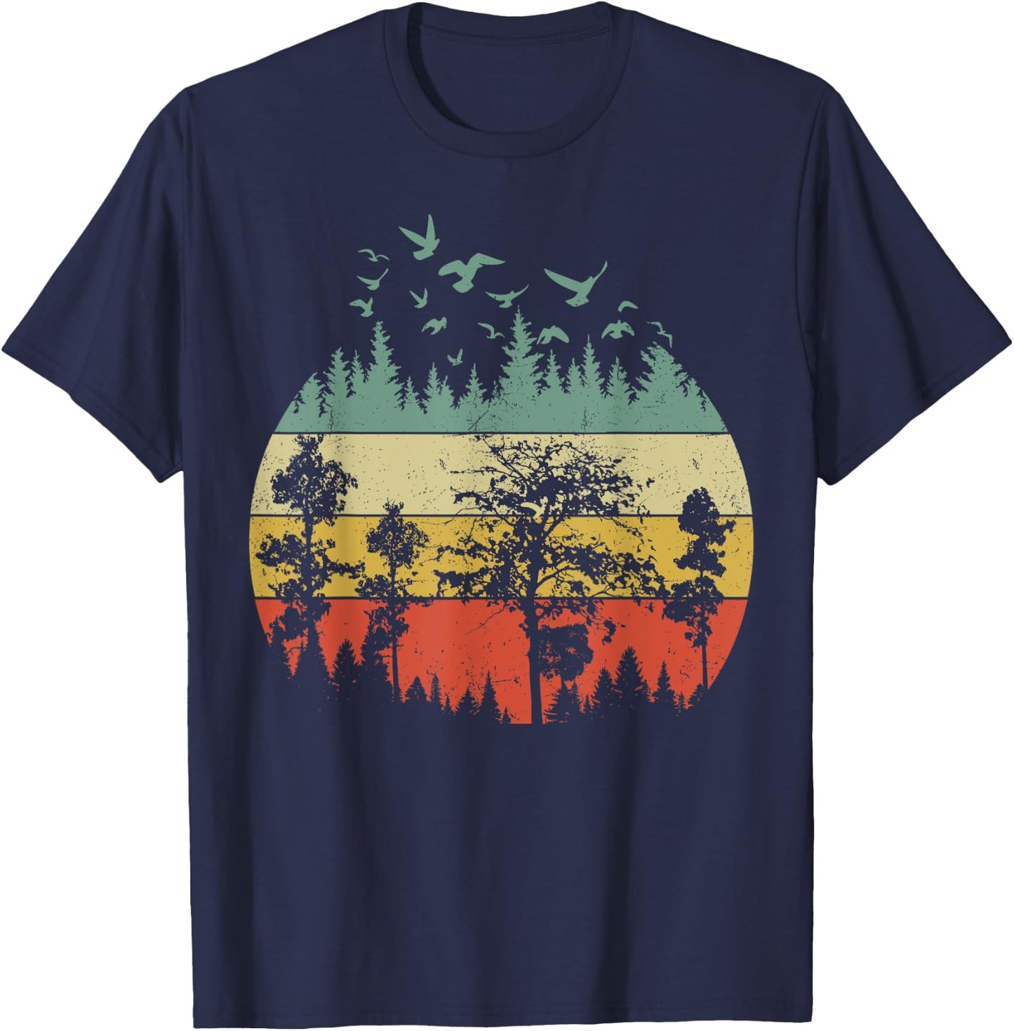 Retro Forest Wildlife Trees Outdoors Nature T-Shirt - T-Shirt | Navy