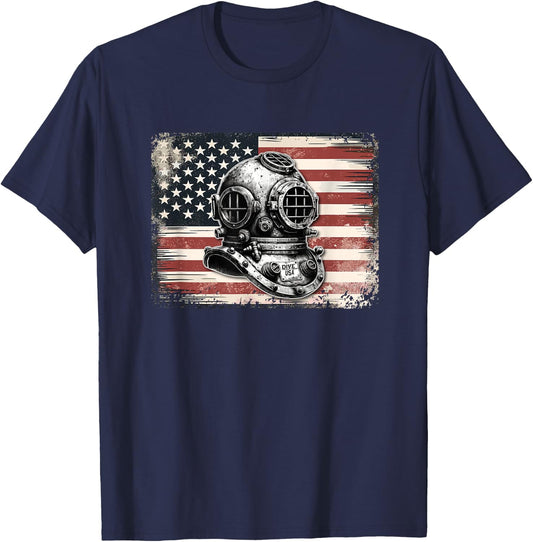Vintage Scuba Dive Helmet American Flag - Funny Scuba Diving T-Shirt - T-Shirt | Navy