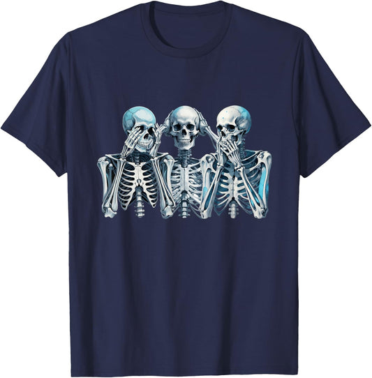 Speak Hear See No Evil Skeleton Three Wise Skeletons T-Shirt - T-Shirt | Navy