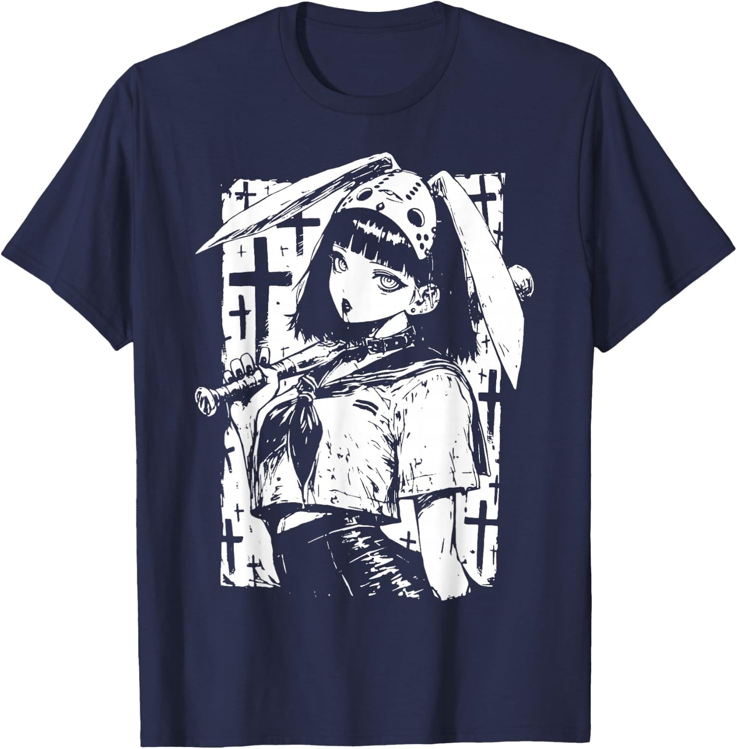 Creepy Horror Bunny Girl Anime Manga Alt Kawaii Harajuku T-Shirt - T-Shirt | Navy
