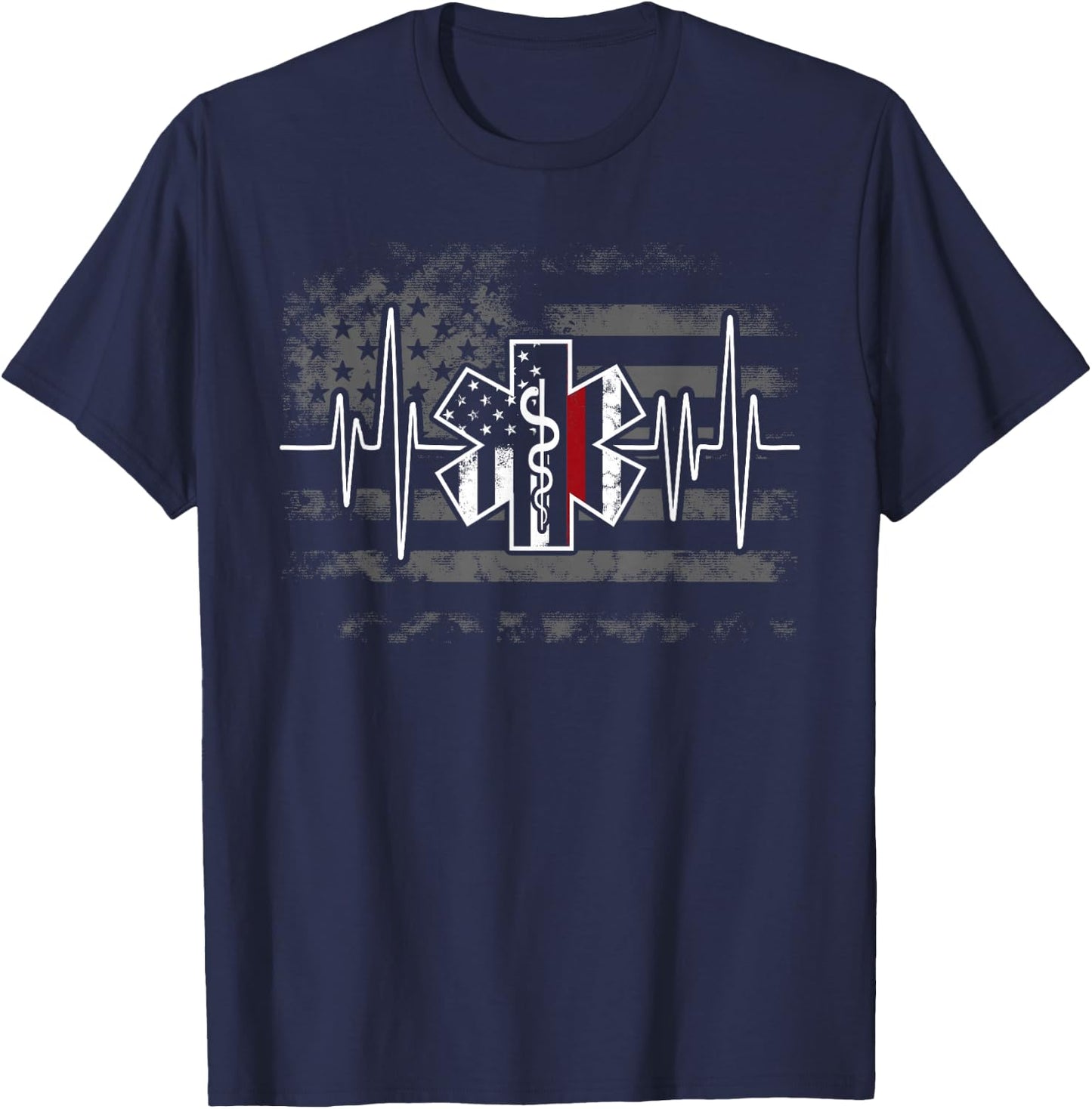 Firefighter EMS Heartbeat EKG Pulse Fireman American Flag T-Shirt - T-Shirt | Navy