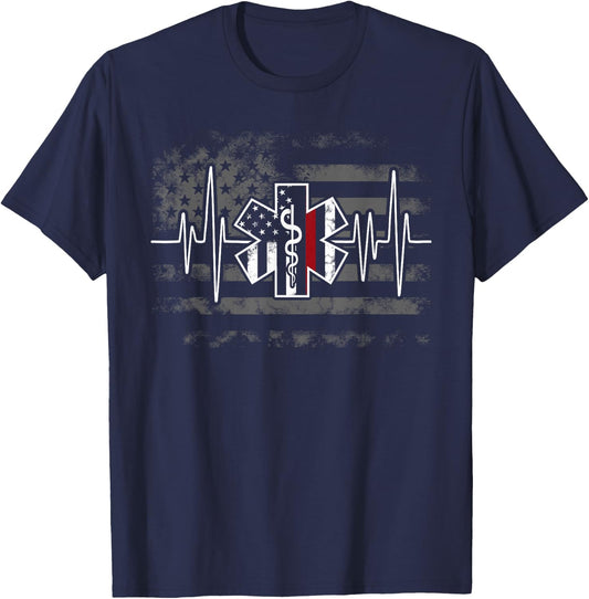 Firefighter EMS Heartbeat EKG Pulse Fireman American Flag T-Shirt - T-Shirt | Navy