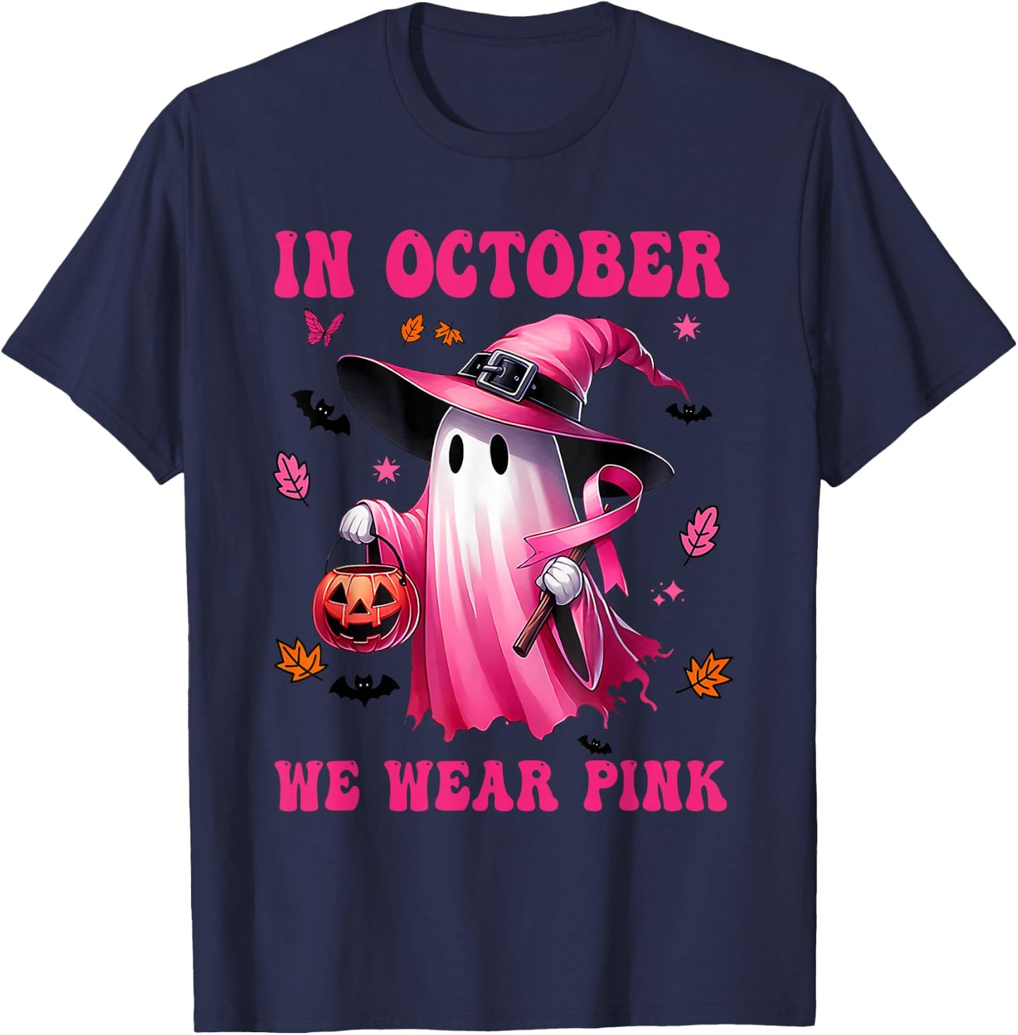 In October We Wear Pink Ghost Fighting Breast Cancer T-Shirt - T-Shirt | Navy