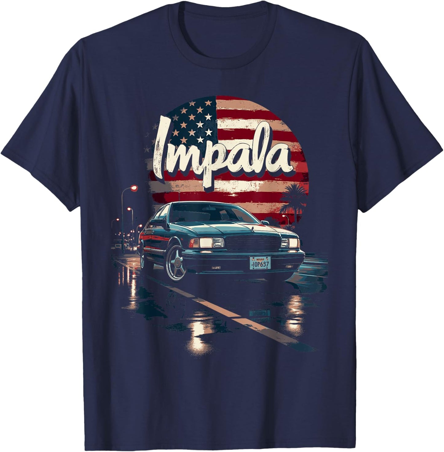 Impala B Body American Flag Impala SS Car 94-96 Coupe T-Shirt - T-Shirt | Navy