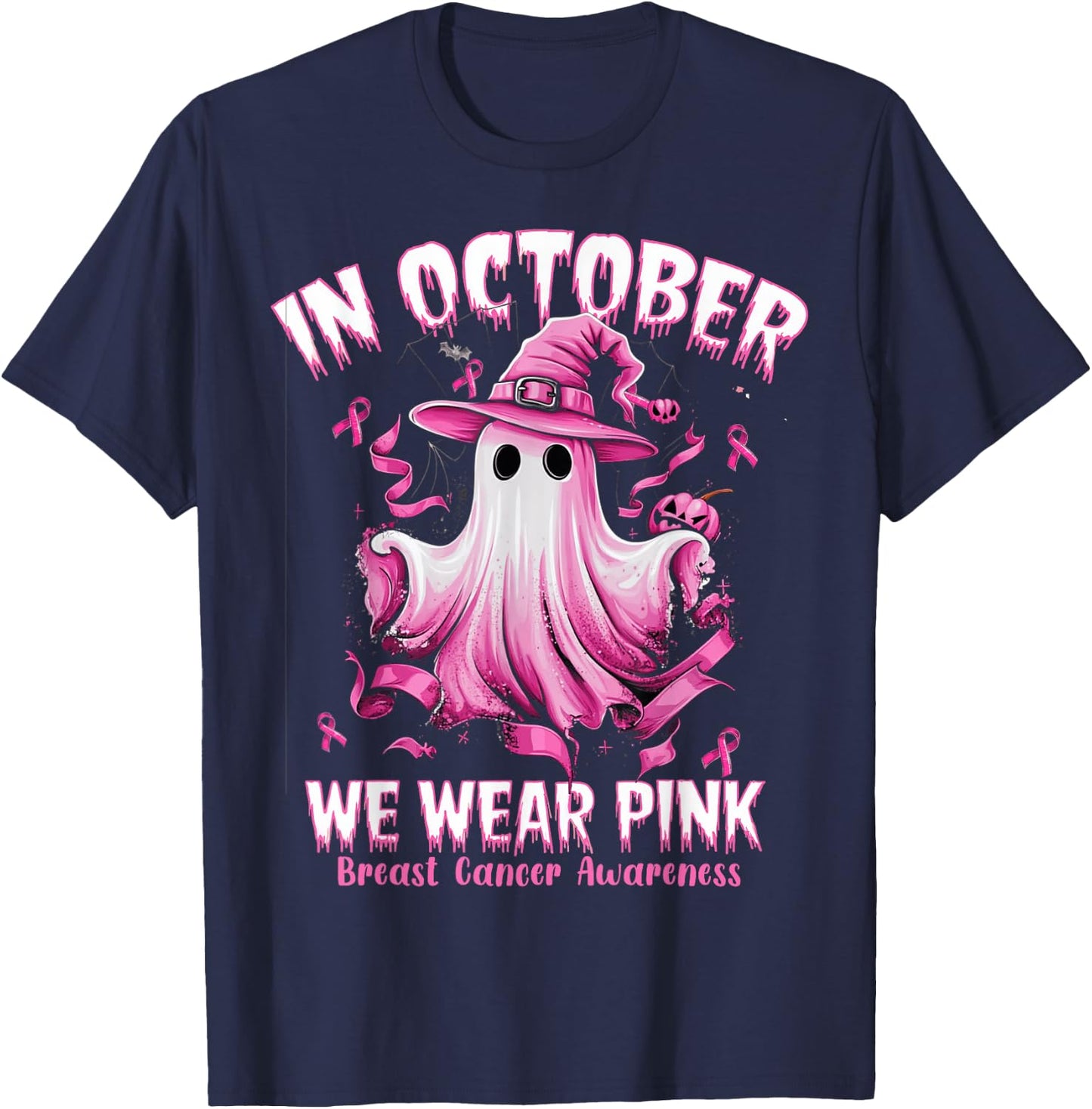 In October We Wear Pink Ghost Witch Breast Cancer Awareness T-Shirt - T-Shirt | Navy