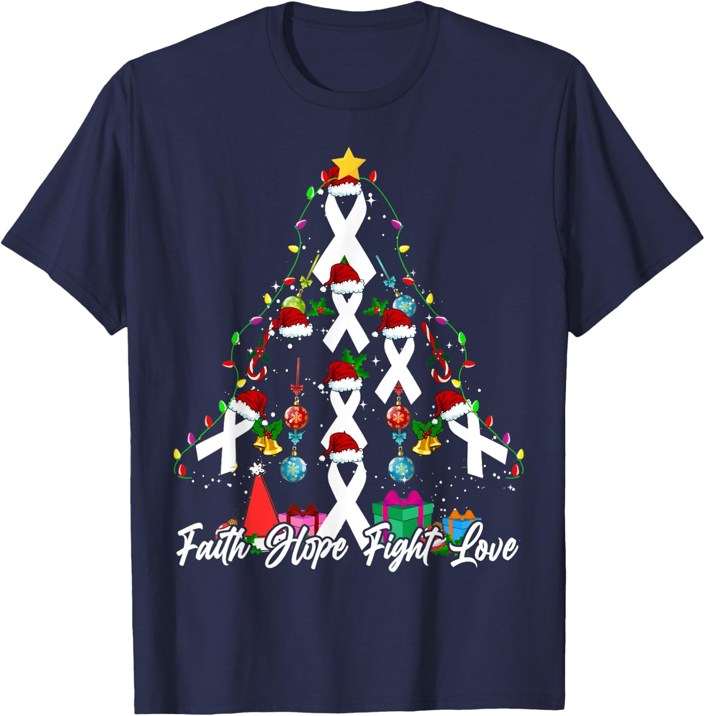 Santa White Ribbon Christmas Tree Lung Cancer Awareness T-Shirt - T-Shirt | Navy