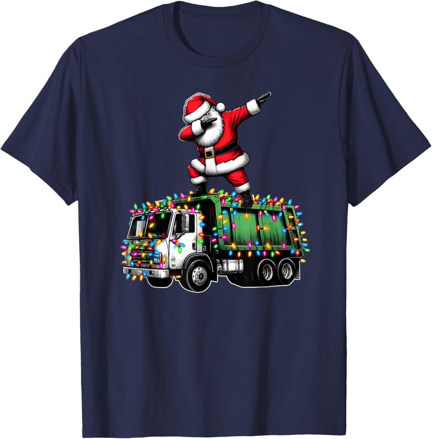 Dabbing Santa Garbage Truck Funny Christmas Lights Graphic T-Shirt - T-Shirt | Navy
