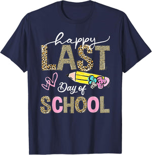Happy Last Day Of School Leopard Teacher Student Kids Girls T-Shirt - T-Shirt | Navy