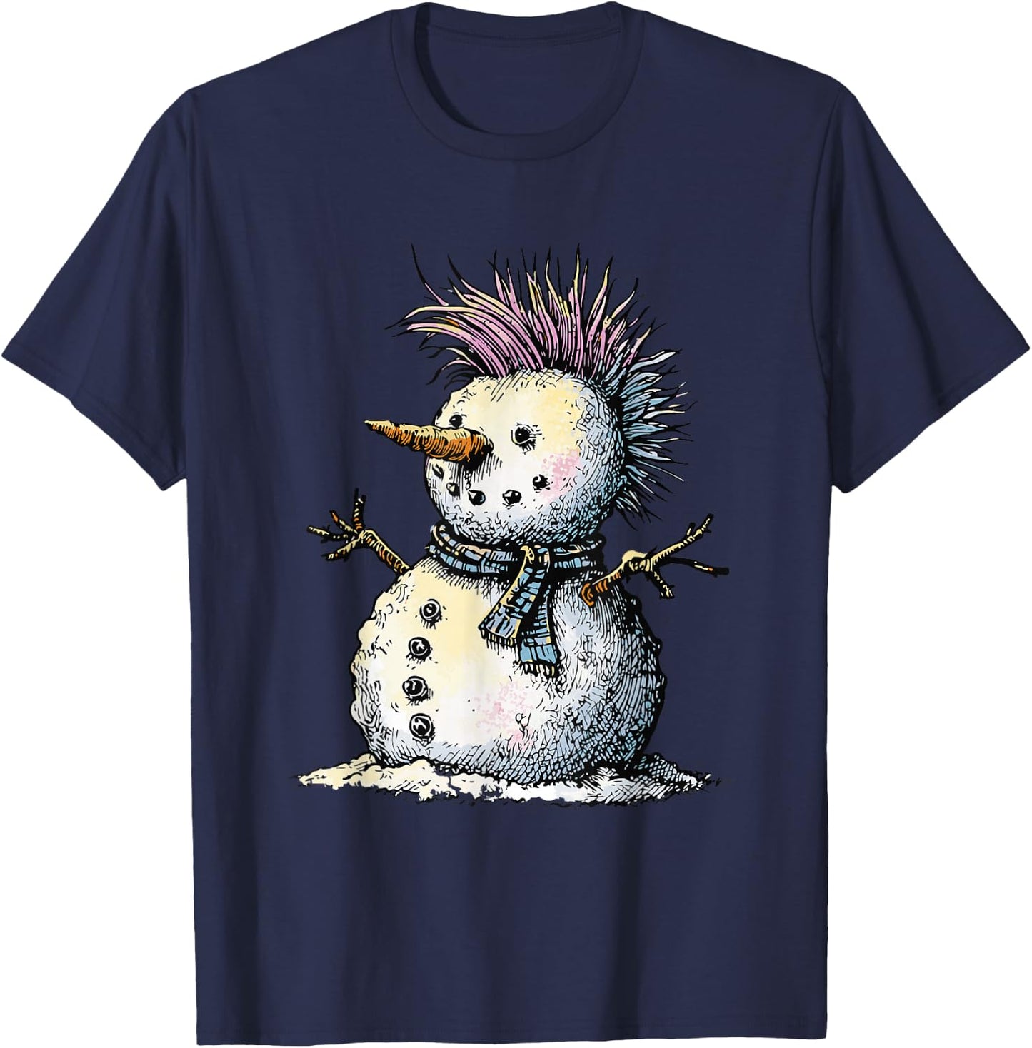 Punk Snowman with Mohawk Cut Winter Design T-Shirt - T-Shirt | Navy