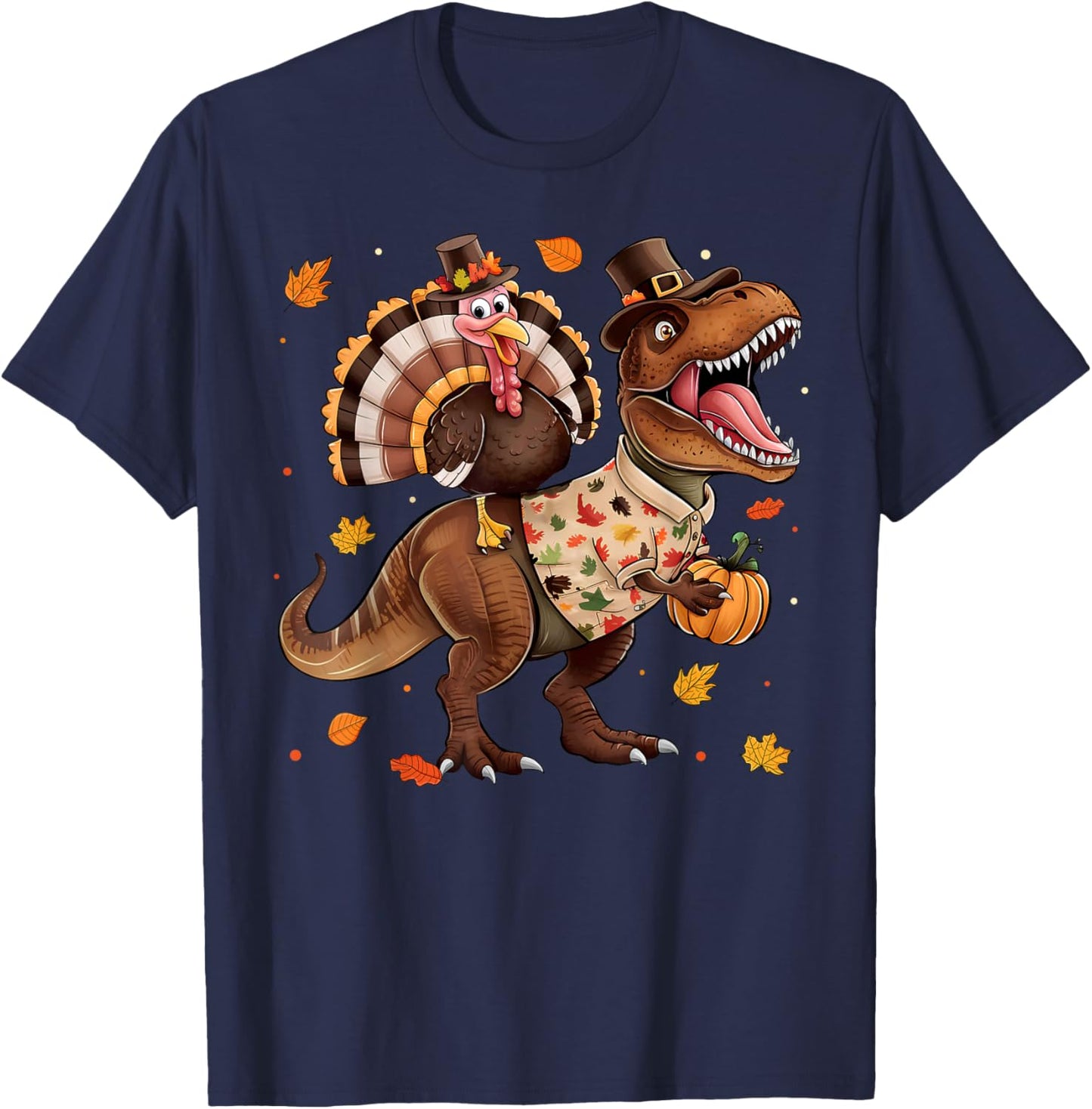 Funny Turkey Riding Dinosaur T rex Thanksgiving Boys Kids T-Shirt - T-Shirt | Navy