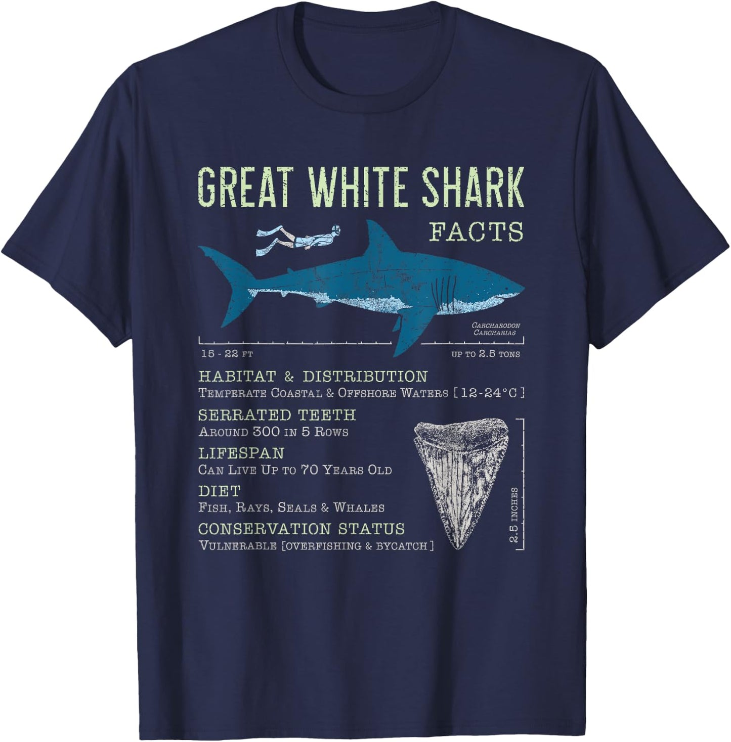 Great White Shark Facts Educational Shark Lover Sharks Tooth T-Shirt - T-Shirt | Navy
