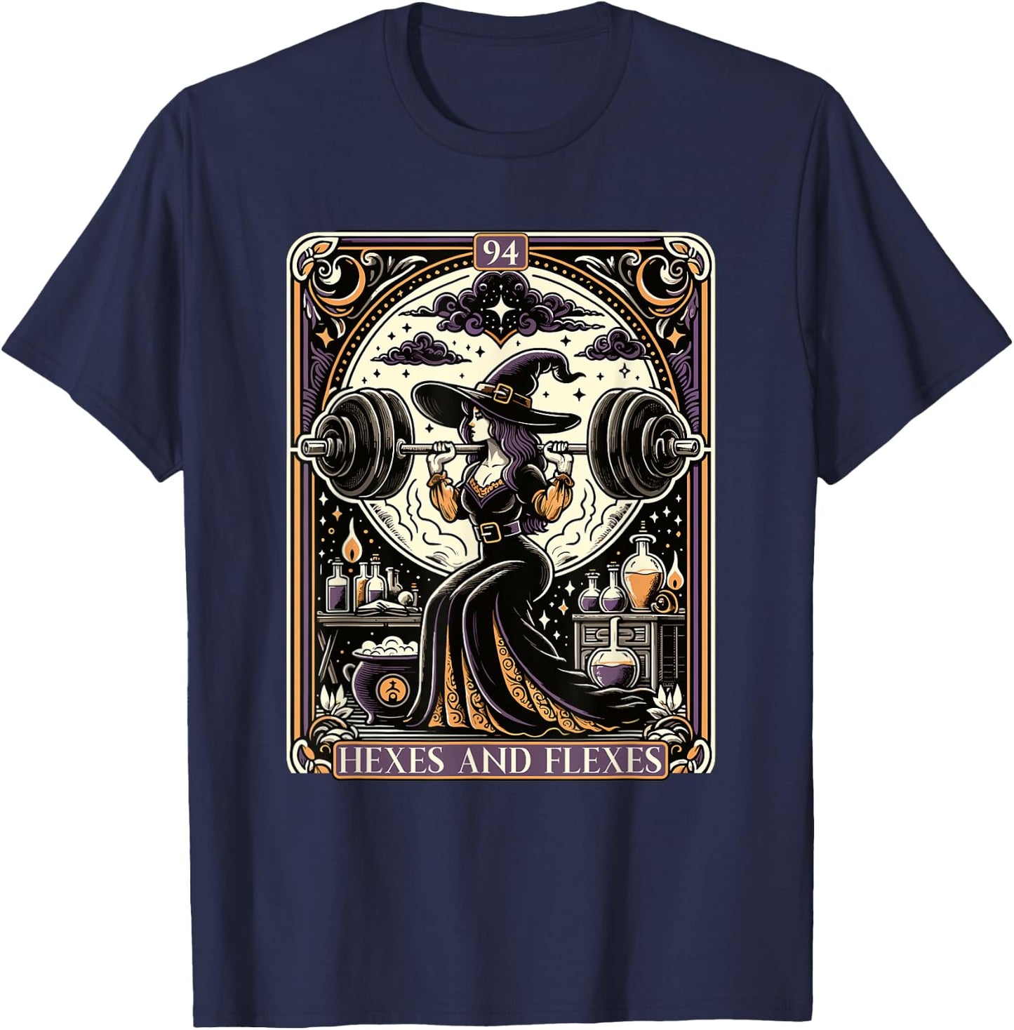 Witch Workout Fitness Deadlifting Hexes Flexes Tarot Card T-Shirt - T-Shirt | Navy