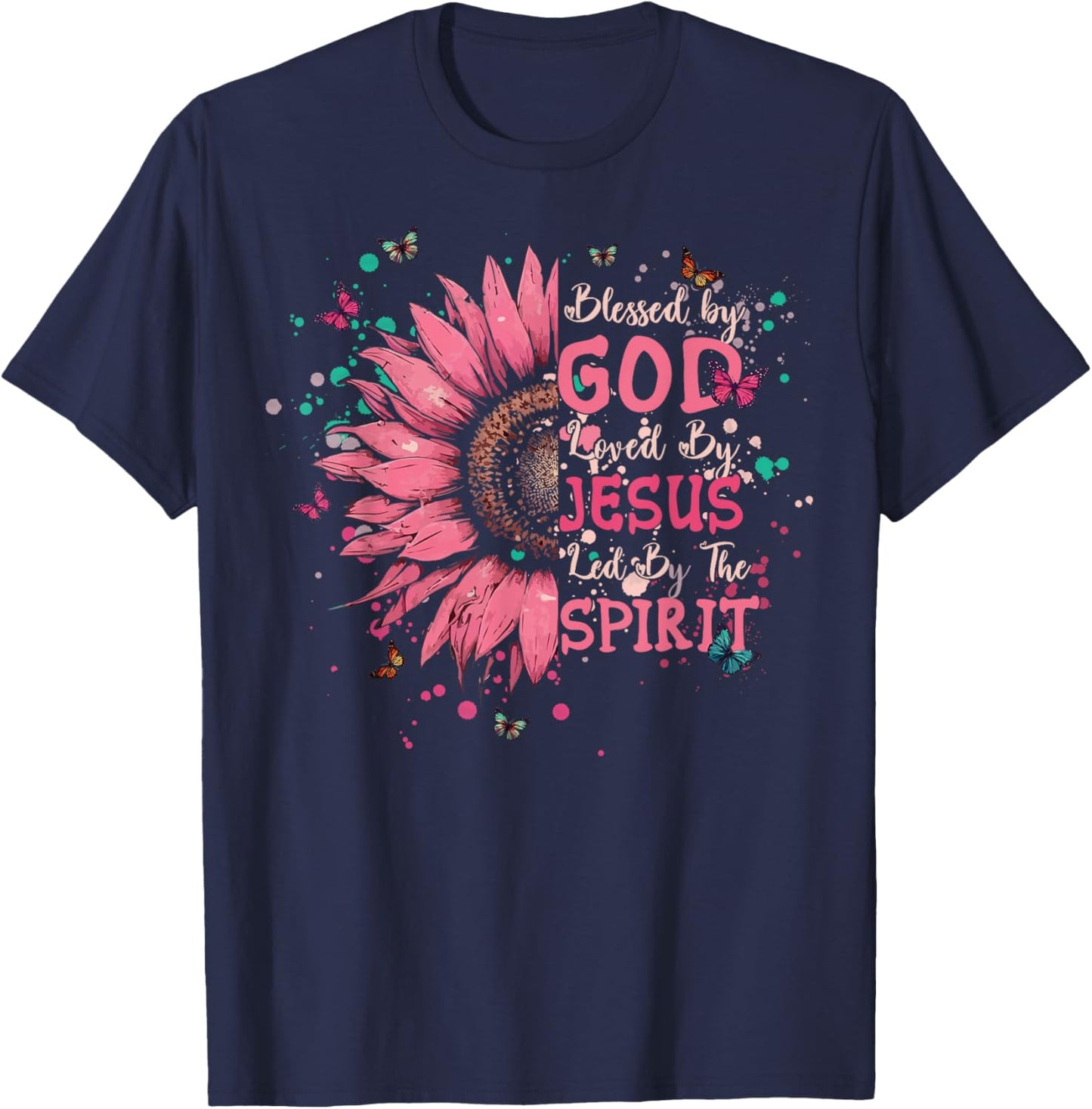 Blessed by God Loved by Jesus Christian Cross Sunflower T-Shirt - T-Shirt | Navy