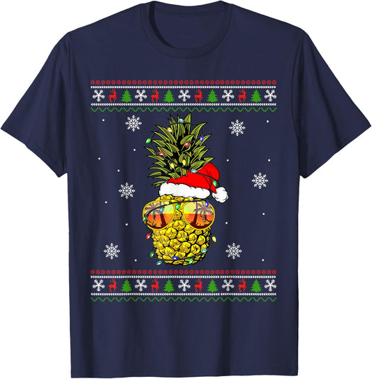 Pineapple Christmas Tree or Christmas in July Ugly Sweater T-Shirt - T-Shirt | Navy