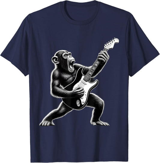 Rock Chimpanzee Monkey Playing Guitar Funny Guitar Monkey T-Shirt - T-Shirt | Navy