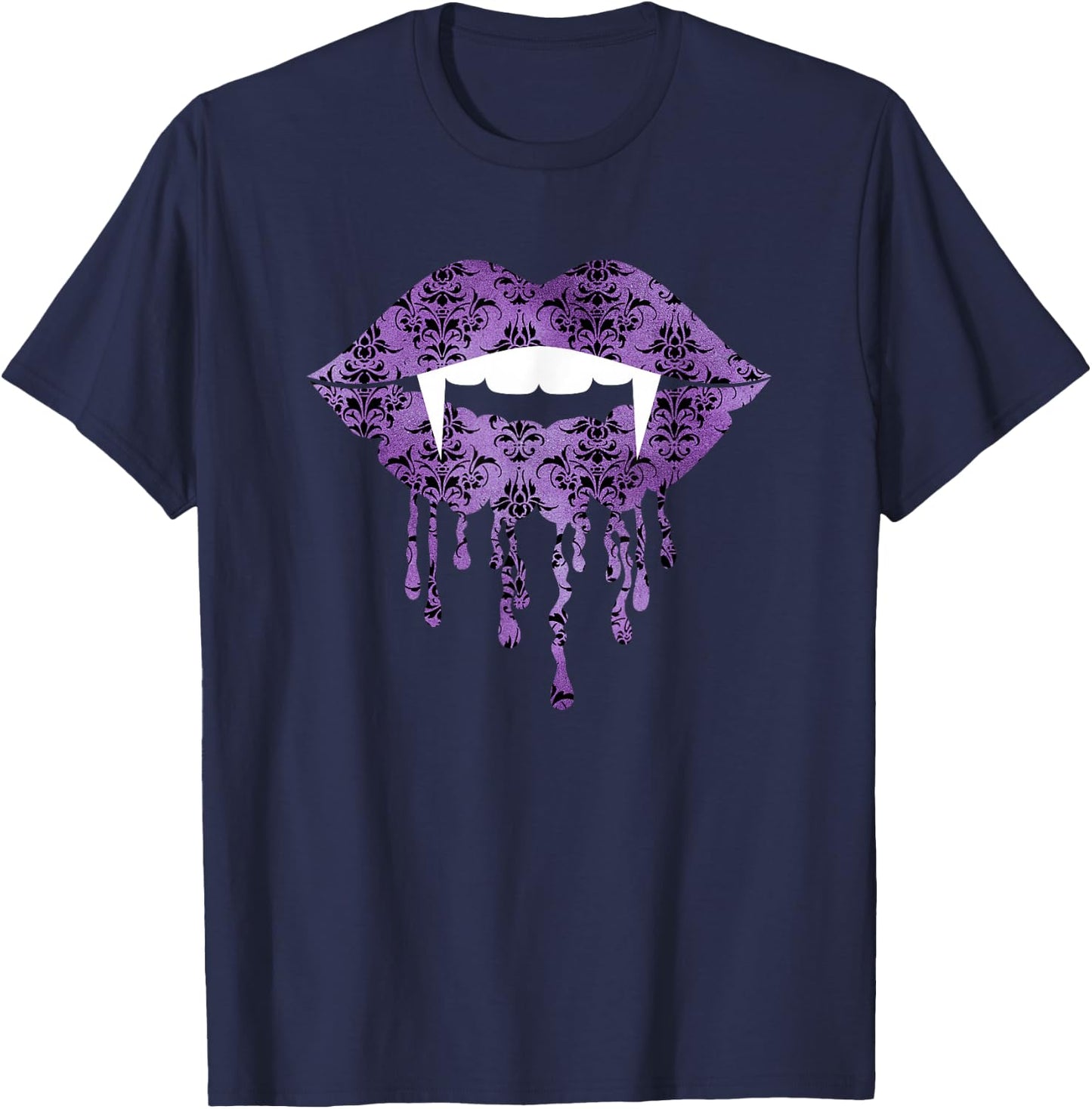 Purple Damask - Vampire Fangs Drip Lips Gothic Halloween T-Shirt - T-Shirt | Navy