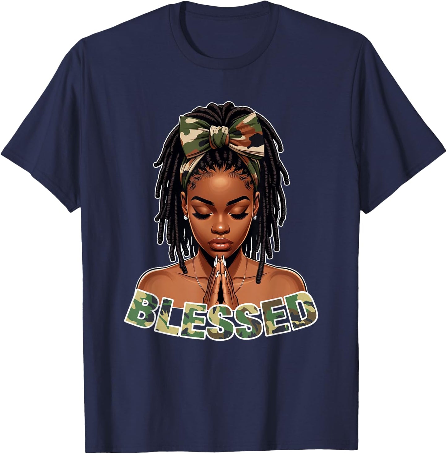 Praying Young Black Girl With Braids Locs Blessed Camo T-Shirt - T-Shirt | Navy