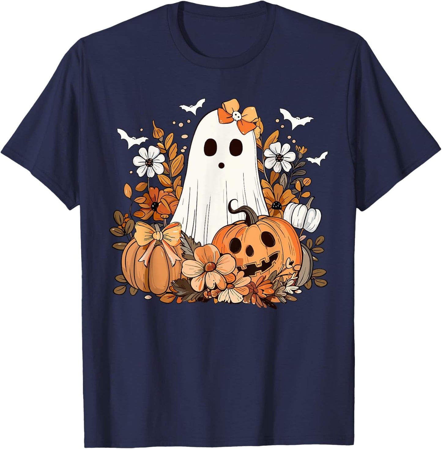 Retro Floral Ghost Cute Pumpkin Autumn Halloween Women Kids T-Shirt - T-Shirt | Navy