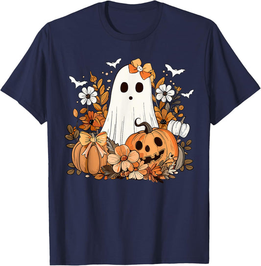 Retro Floral Ghost Cute Pumpkin Autumn Halloween Women Kids T-Shirt - T-Shirt | Navy