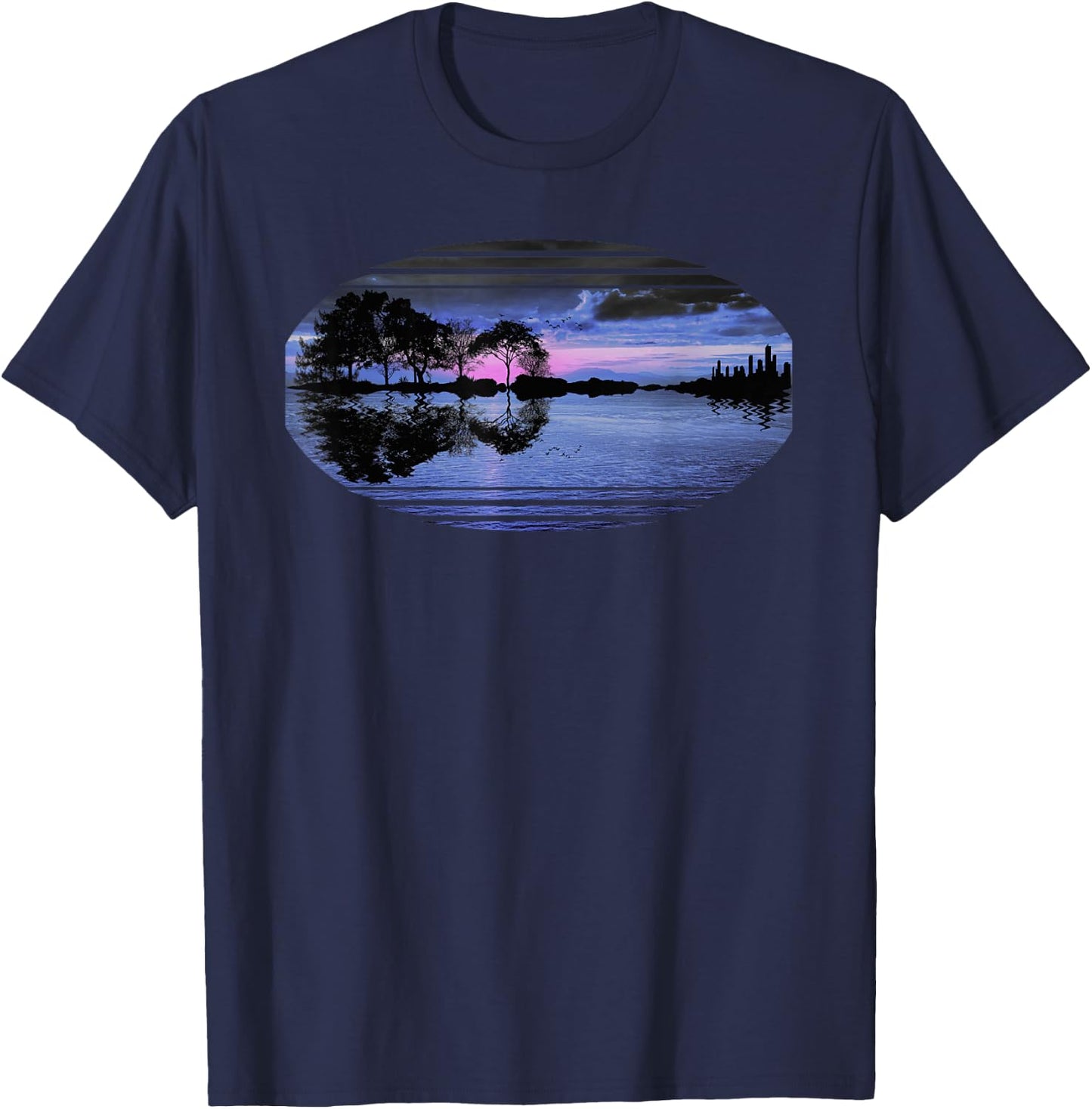 Guitar Sunset Sky Trees City Lake Reflection Stylish Design T-Shirt - T-Shirt | Navy