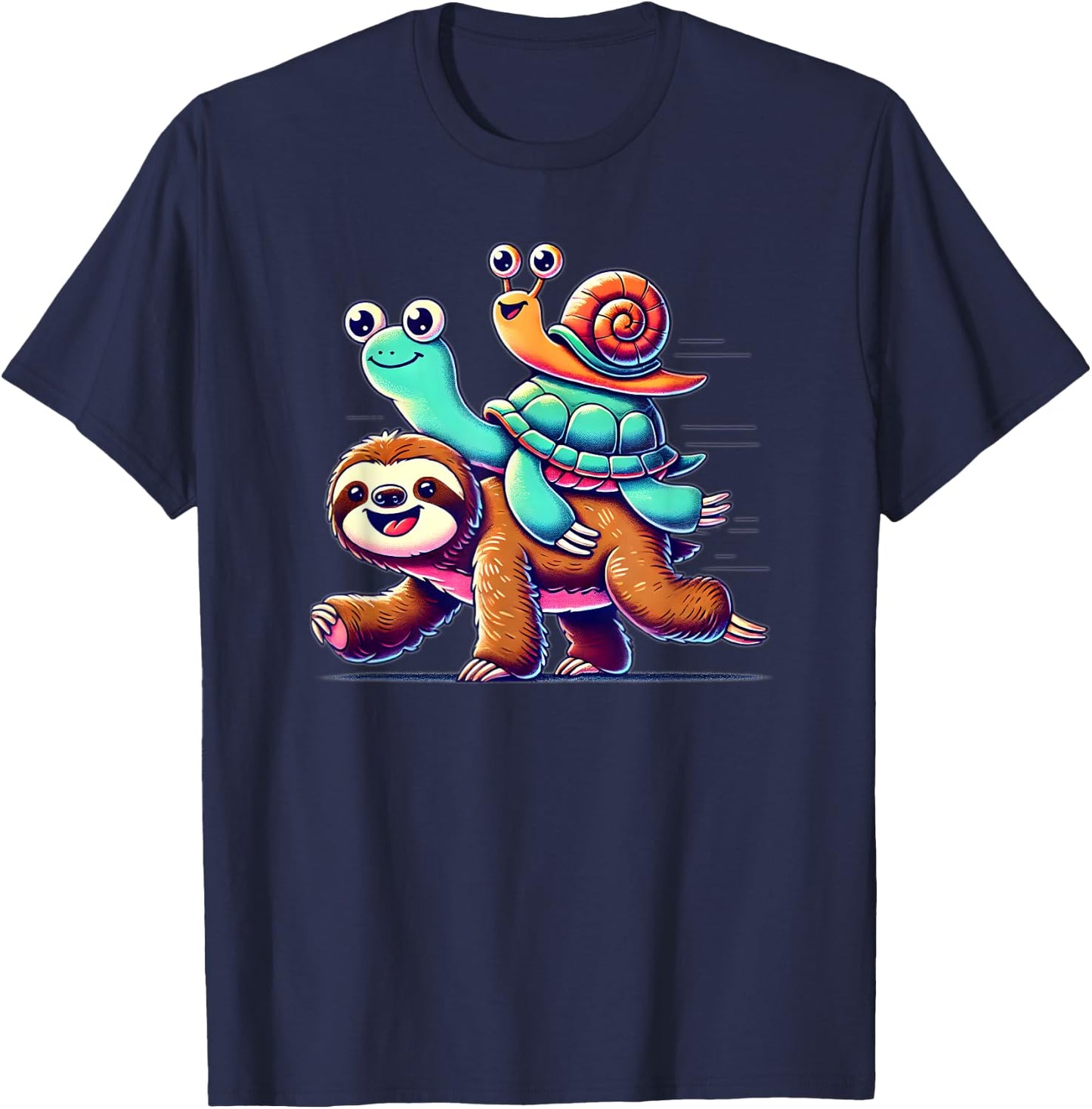 Sloth Turtle Snail Piggyback Animal Running Wild T-Shirt - T-Shirt | Navy