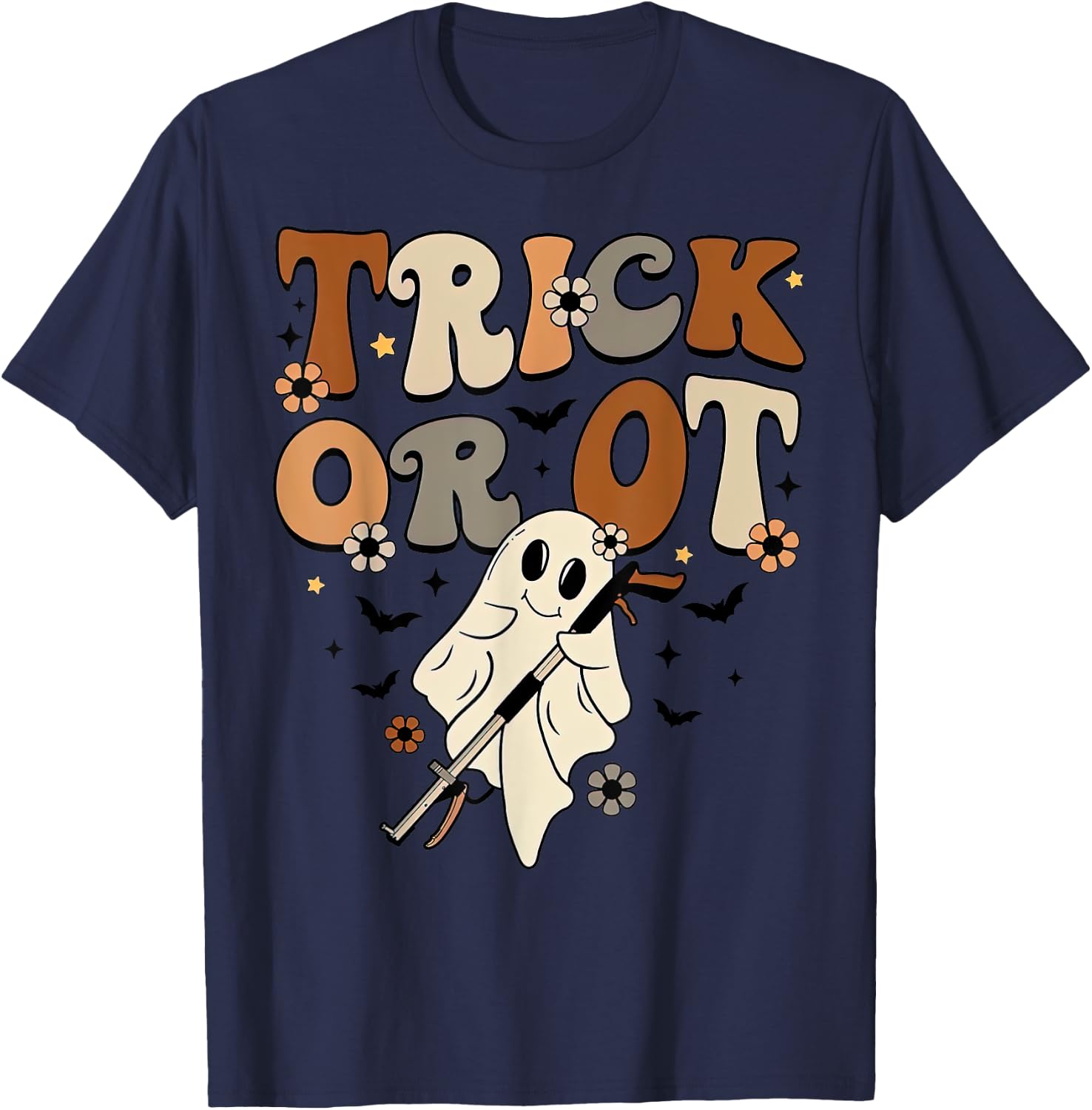 Retro Trick Or OT Cute Ghost Occupational Therapy Halloween T-Shirt - T-Shirt | Navy