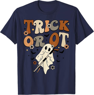 Retro Trick Or OT Cute Ghost Occupational Therapy Halloween T-Shirt - T-Shirt | Navy