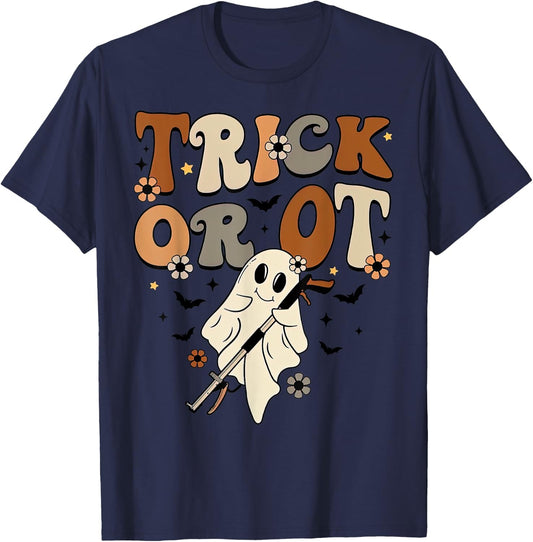 Retro Trick Or OT Cute Ghost Occupational Therapy Halloween T-Shirt - T-Shirt | Navy