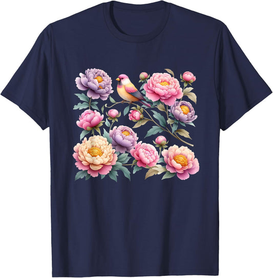 Beautiful Peonies Flowers Blossom Bird Nature Lover Gardener T-Shirt - T-Shirt | Navy